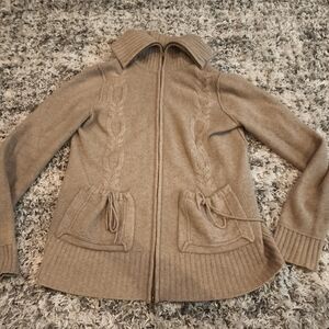 Chunky Knit Zip Cardigan Sweater Jacket Tan Cozy Cable Knit (No Size Tag S/M)